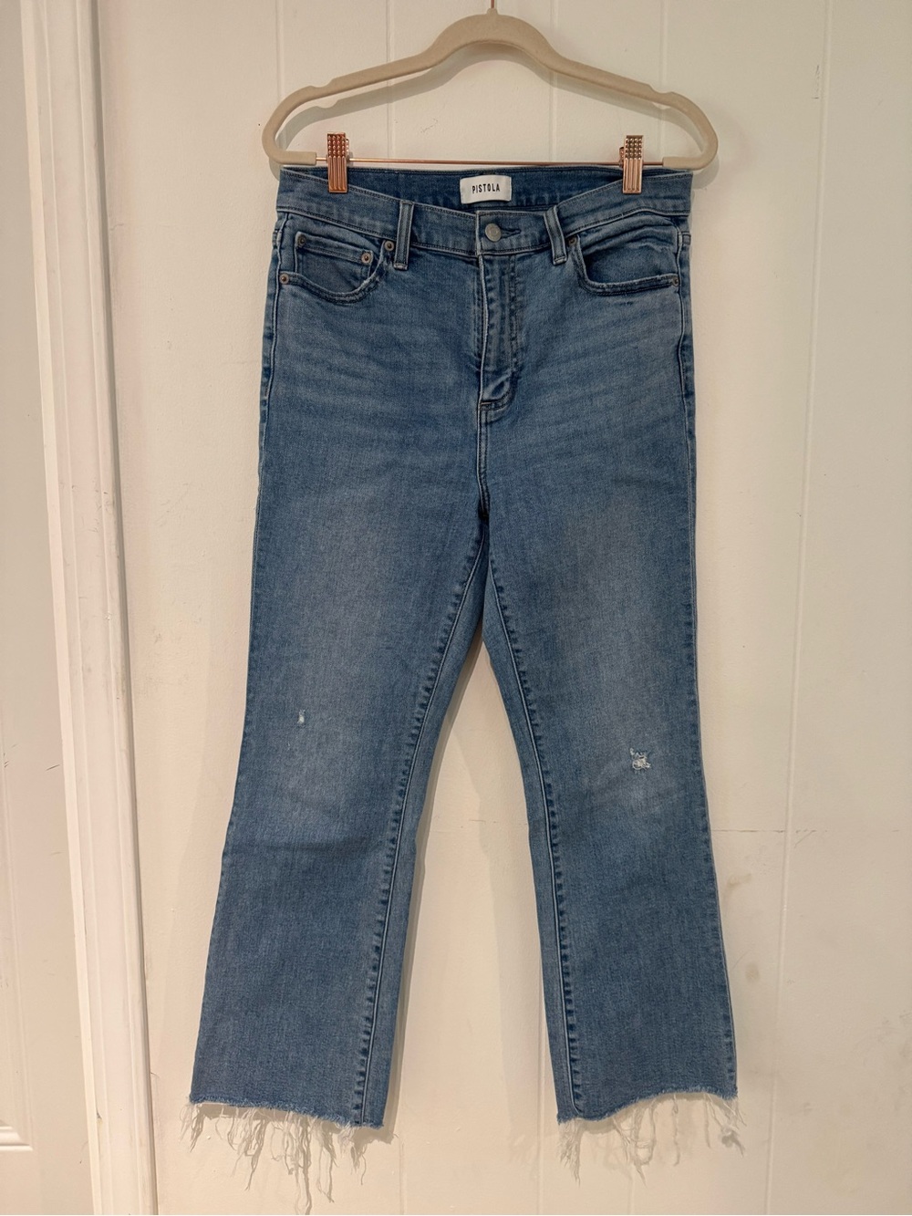 PISTOLA high mid rise distressed straight leg cropped denim 29
